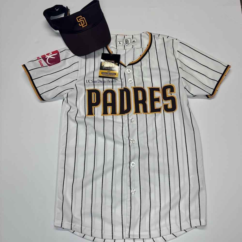 San Diego Padres Youth Large Baseball Jersey and Visor Set White Pinstripe NWT